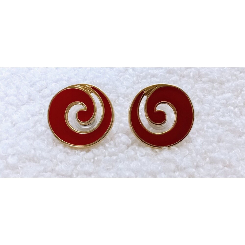 Vintage Monet Goldtone Red Enamel Swirl Post Earrings - Picture 6 of 8